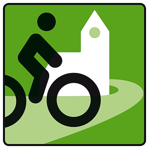 Symbol "Radwegekirche": Symbolische Darstellung eines Fahrrads auf einem Weg zur Kirche